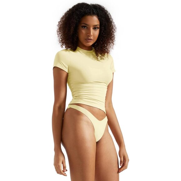 Women Double Lined Soft Cotton Crew Neck Crop Top Short Sleeve Casual - Picture 2 of 7